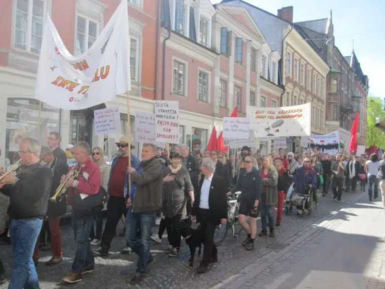 2014 May Day march in small town of Lund, Sweden.